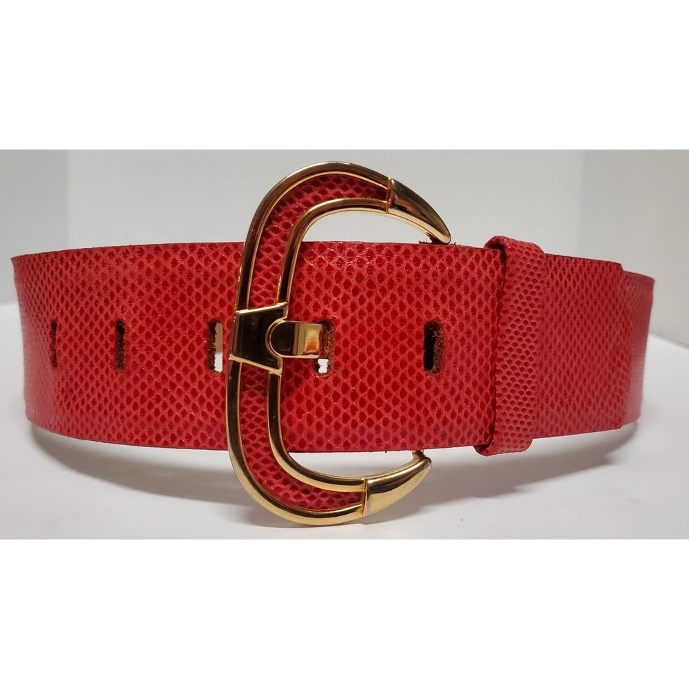 VTG Emmanuel Belt Canada M Red Genuine Reptile 80's Large Gold Buckle Inlaid